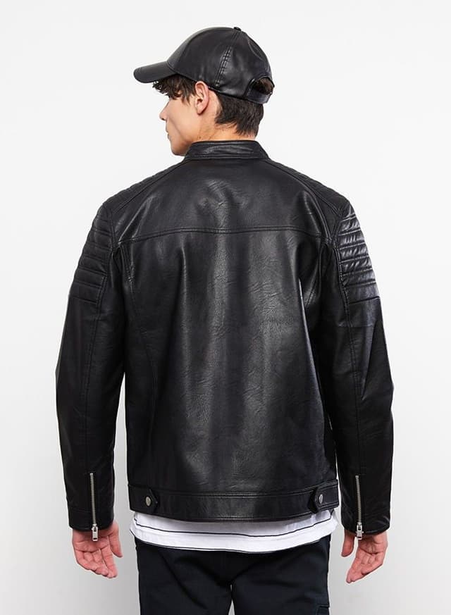 Slim Fit Stand Collar Men's Leather Look Coat