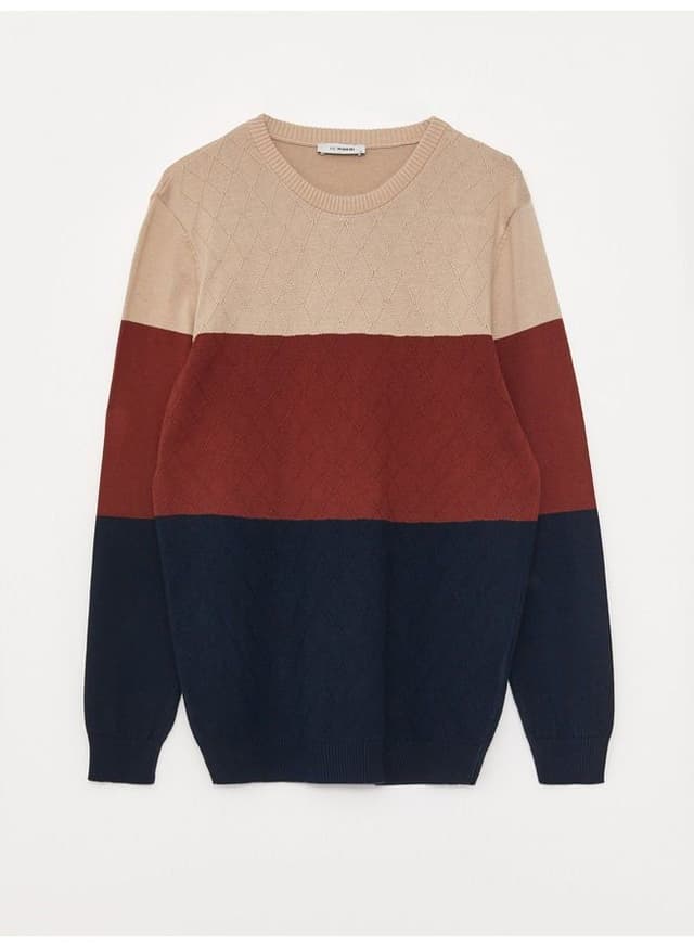 Crew Neck Long Sleeve Men's Tricot Sweater with Color Block