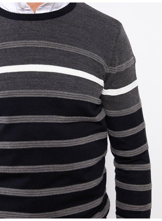Crew Neck Long Sleeve Striped Men's Tricot Sweater